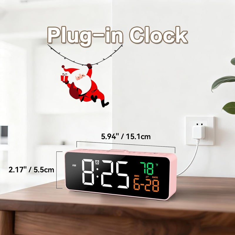 Netzu 3-in-1 Digital Clocks for Living Room with Temperature, Date & Time Display - 4 Levels Birghtness, 3 Volumes, Small & Compact Plug-in Alarm Clock for Bedroom Pink - Image 4